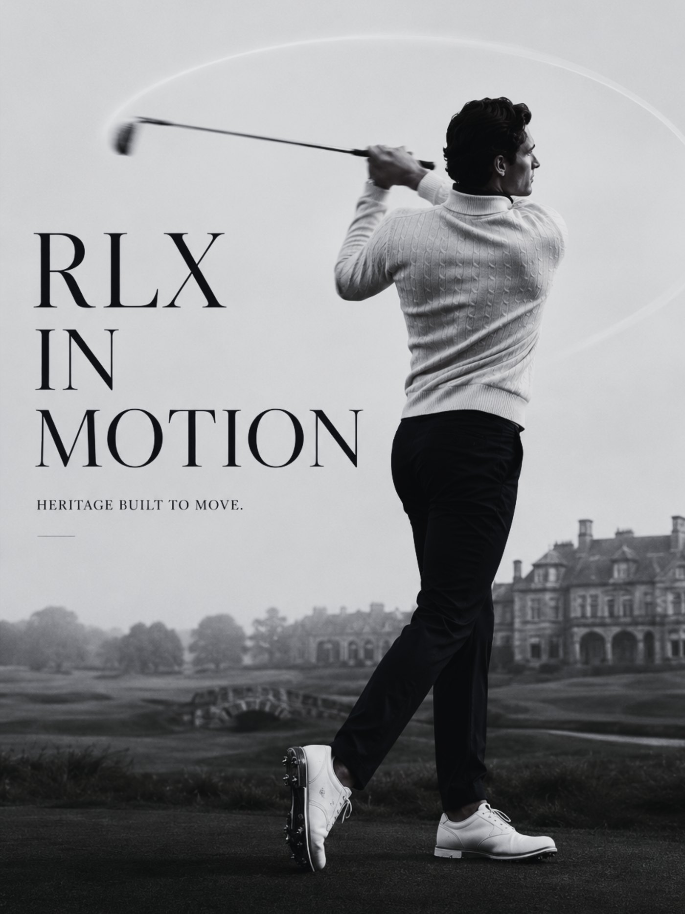 RLX 'In Motion' campaign poster — a golfer mid follow-through on a heritage links course.
