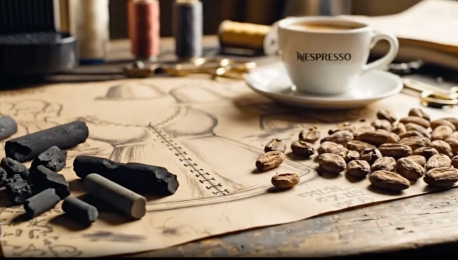 An atelier bench: a Nespresso coffee among charcoal, coffee beans and a gown sketch.