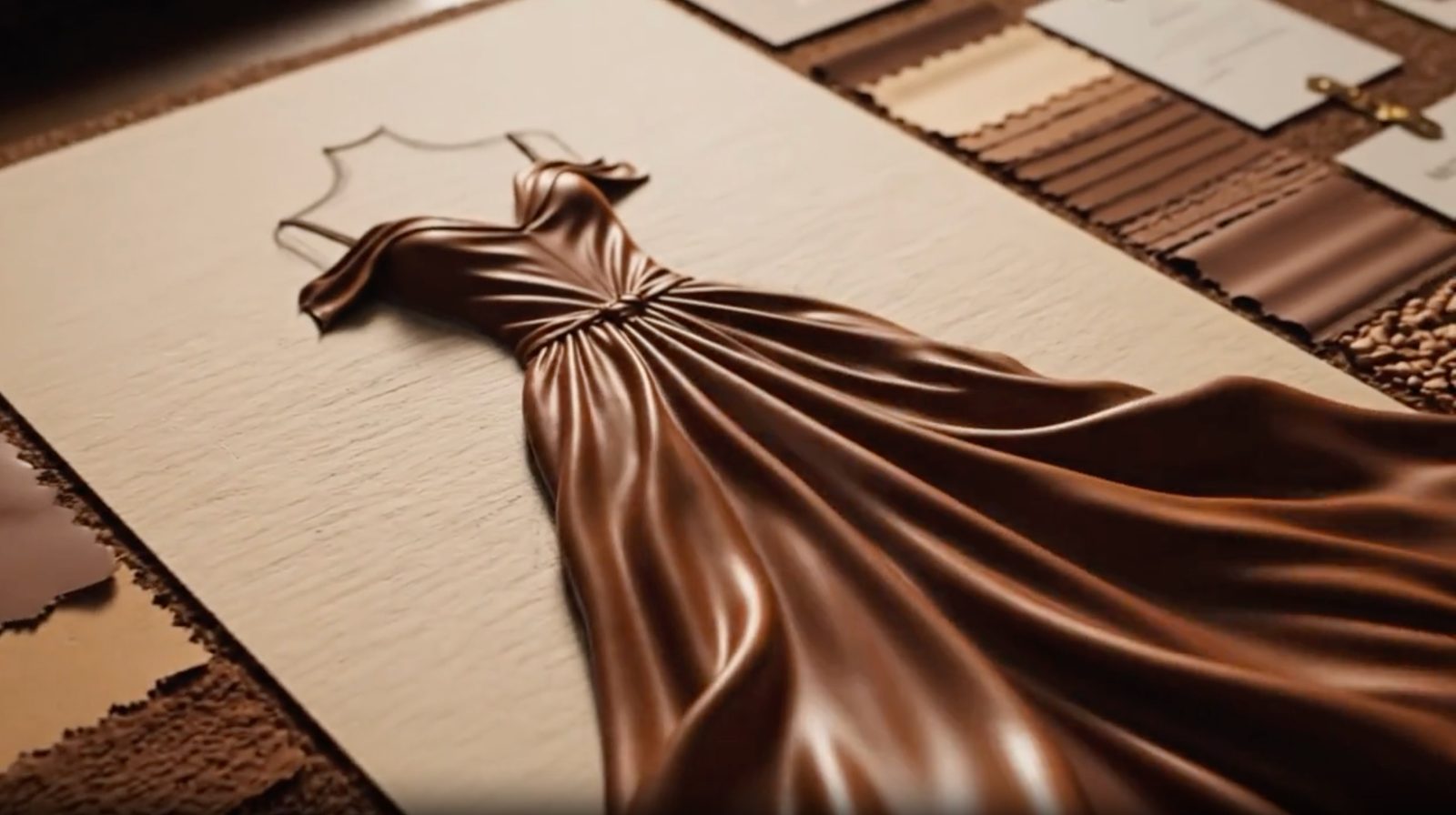 A gown sketch rendered in glossy melted chocolate among cocoa swatches.