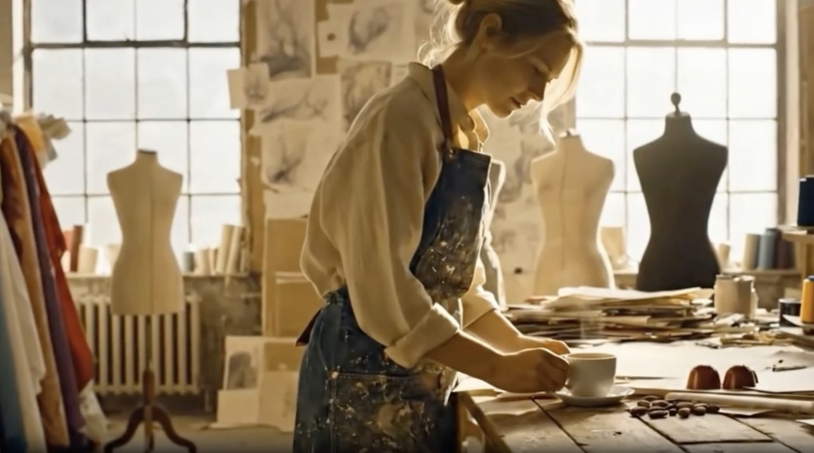 The atelier window, lit warm, at the film's open.