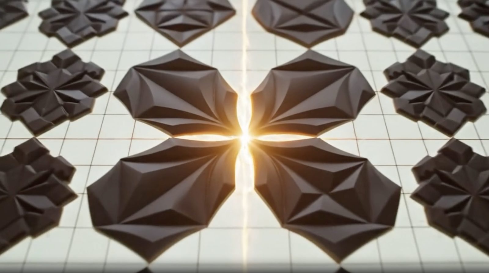 Faceted chocolates catching a starburst of light.