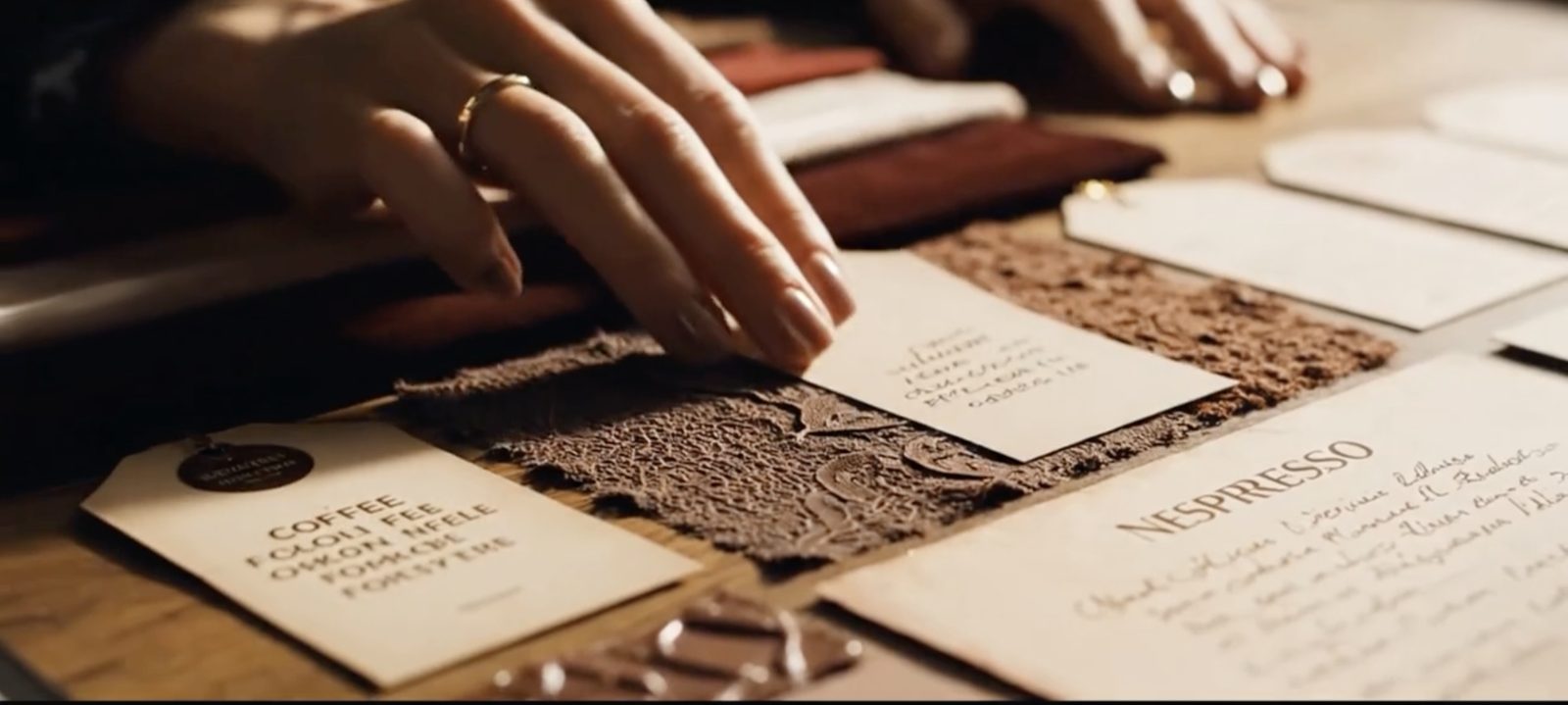 An atelier mood board pinning cocoa swatches against handwritten Nespresso notes.