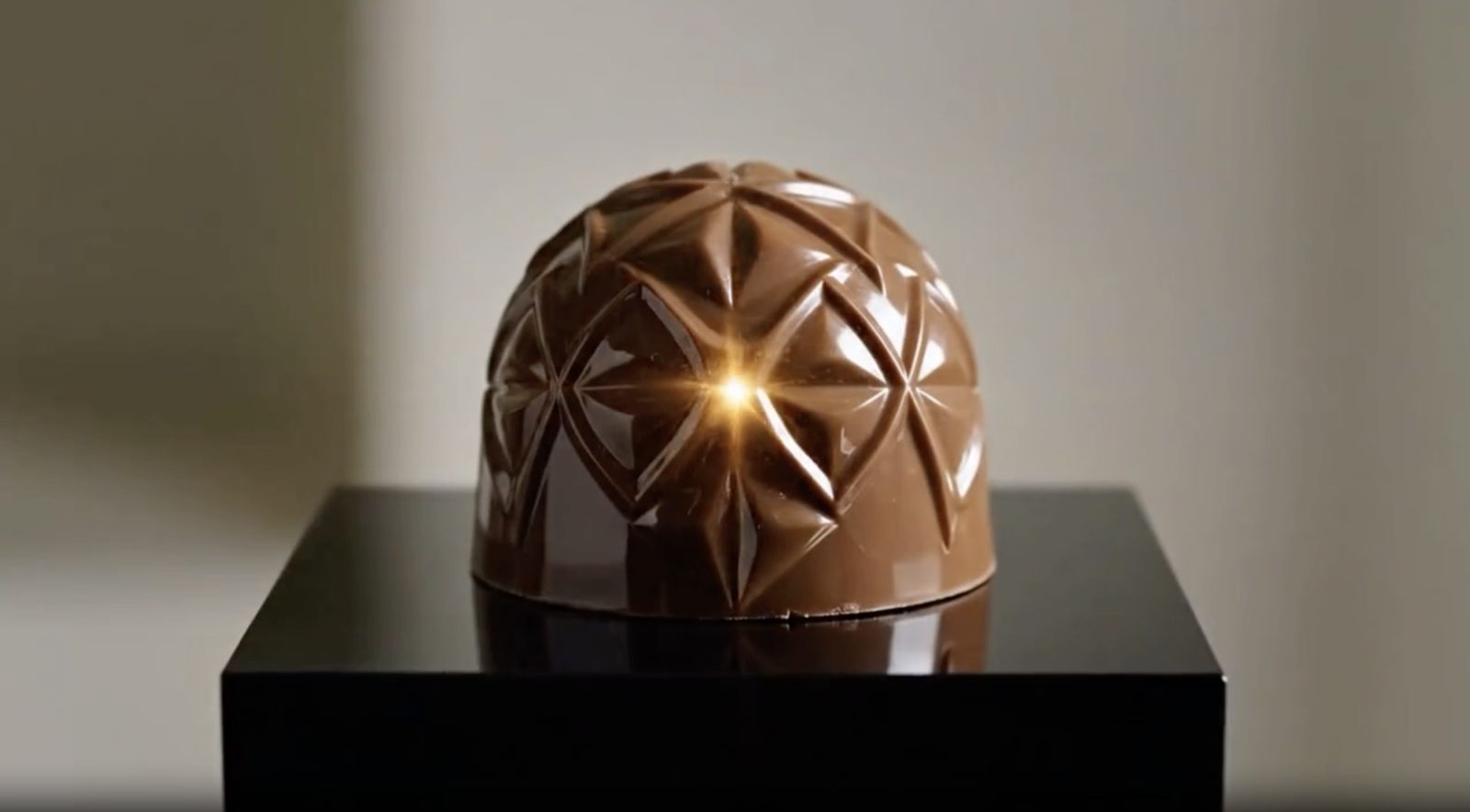 A single sculptural chocolate spotlit on a black plinth.