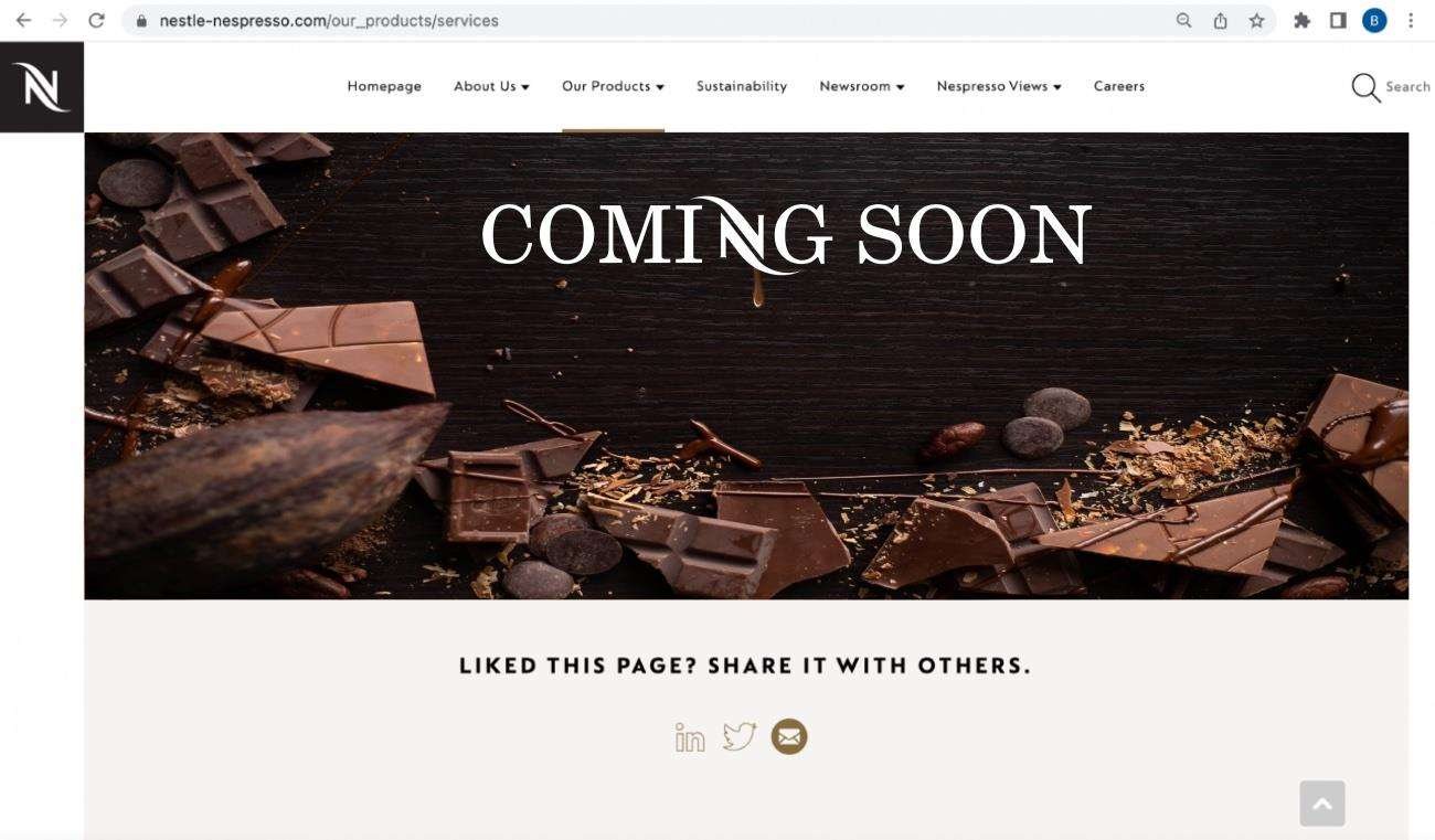 A 'Coming Soon' teaser banner on the Nespresso website.