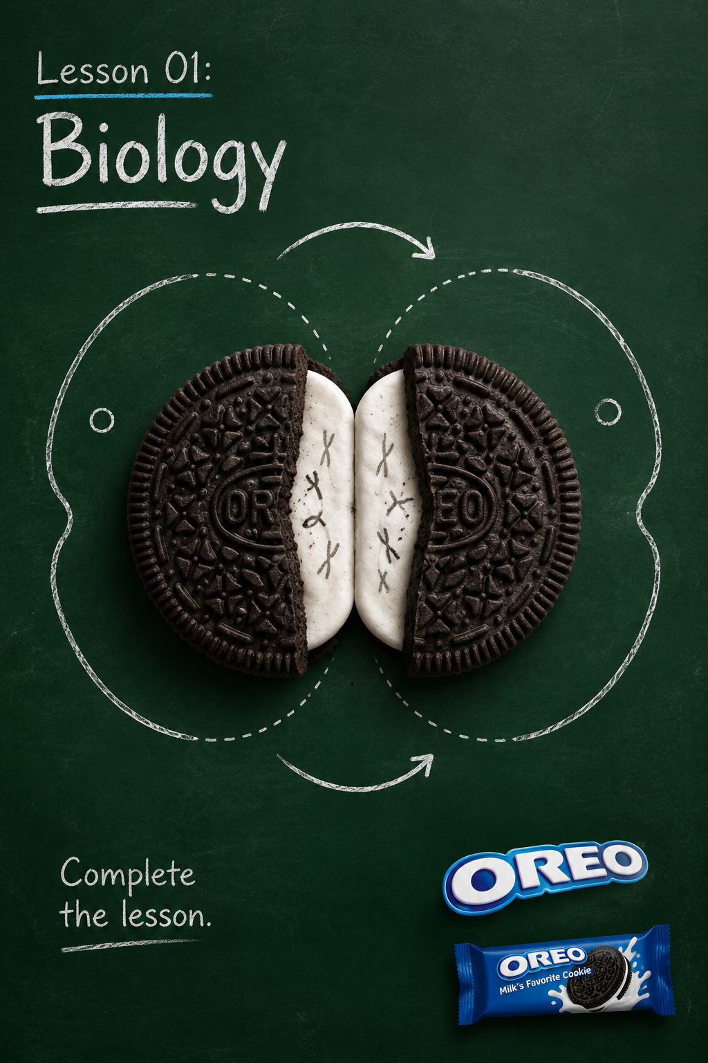 Stage 01 — chalkboard concept with chromosomes drawn on the cream, arrows, tagline and logo.