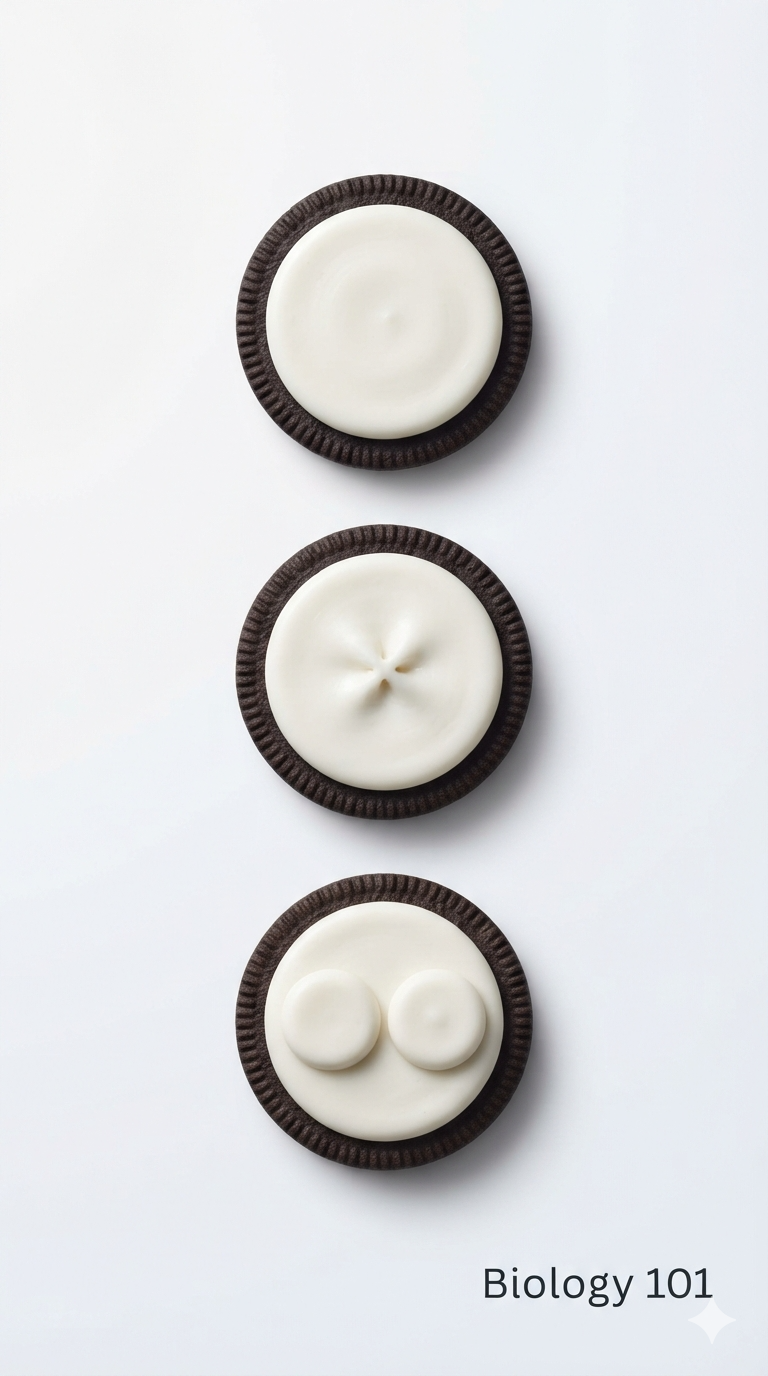 Stage 03 — cream sculpted into stages of mitosis on a photoreal biscuit, but the cream is flat.