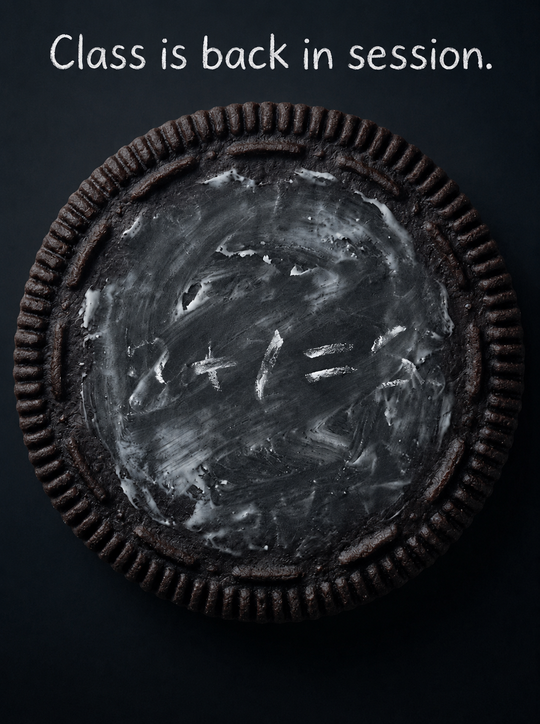 A dark Oreo with cream residue licked into the shape of a maths equation, captioned 'Class is back in session.'