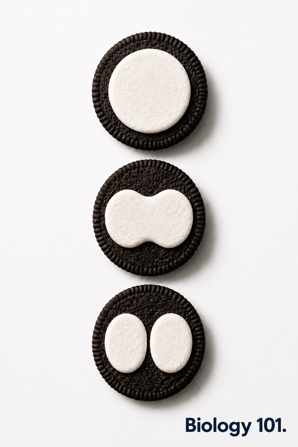 Three Oreo biscuits with the cream shaped into the stages of cell division, captioned Biology 101.