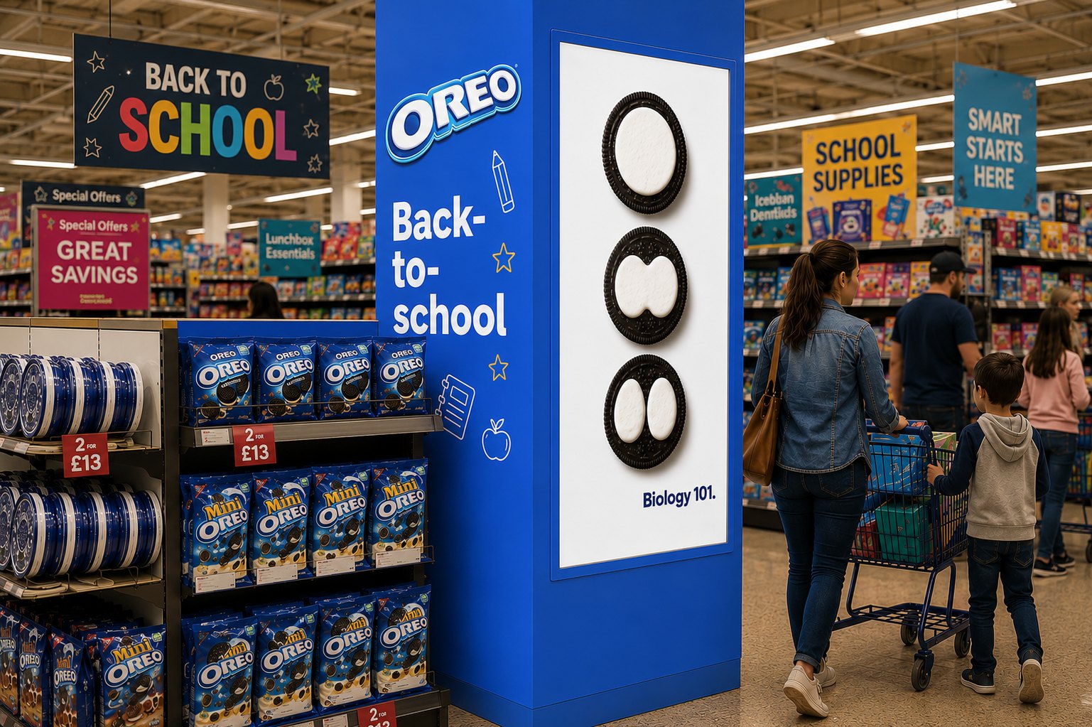 The Biology 101. concept brought to life as a Back-to-School Oreo aisle takeover in a supermarket — a towering blue column with the three mitosis cookies, a parent and child shopping past it.