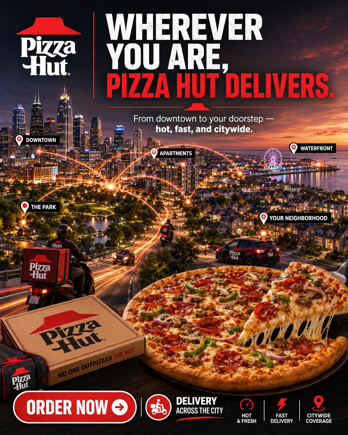 Stage 01 — a conventional delivery ad: real skyline, map pins, a hero pizza and an ORDER NOW button.