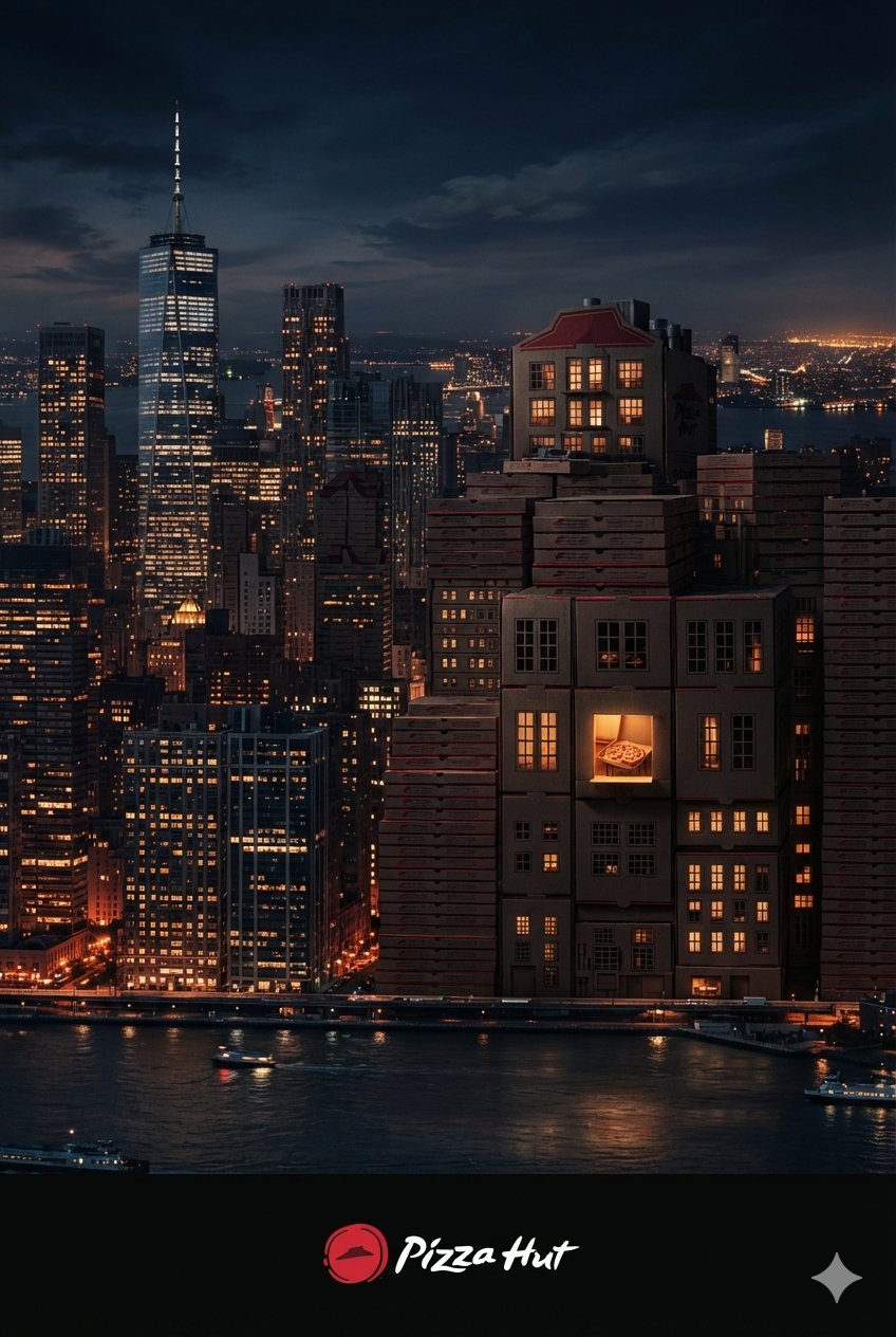 Stage 02 — a single box-tower tucked into a real photographic New York skyline at night.