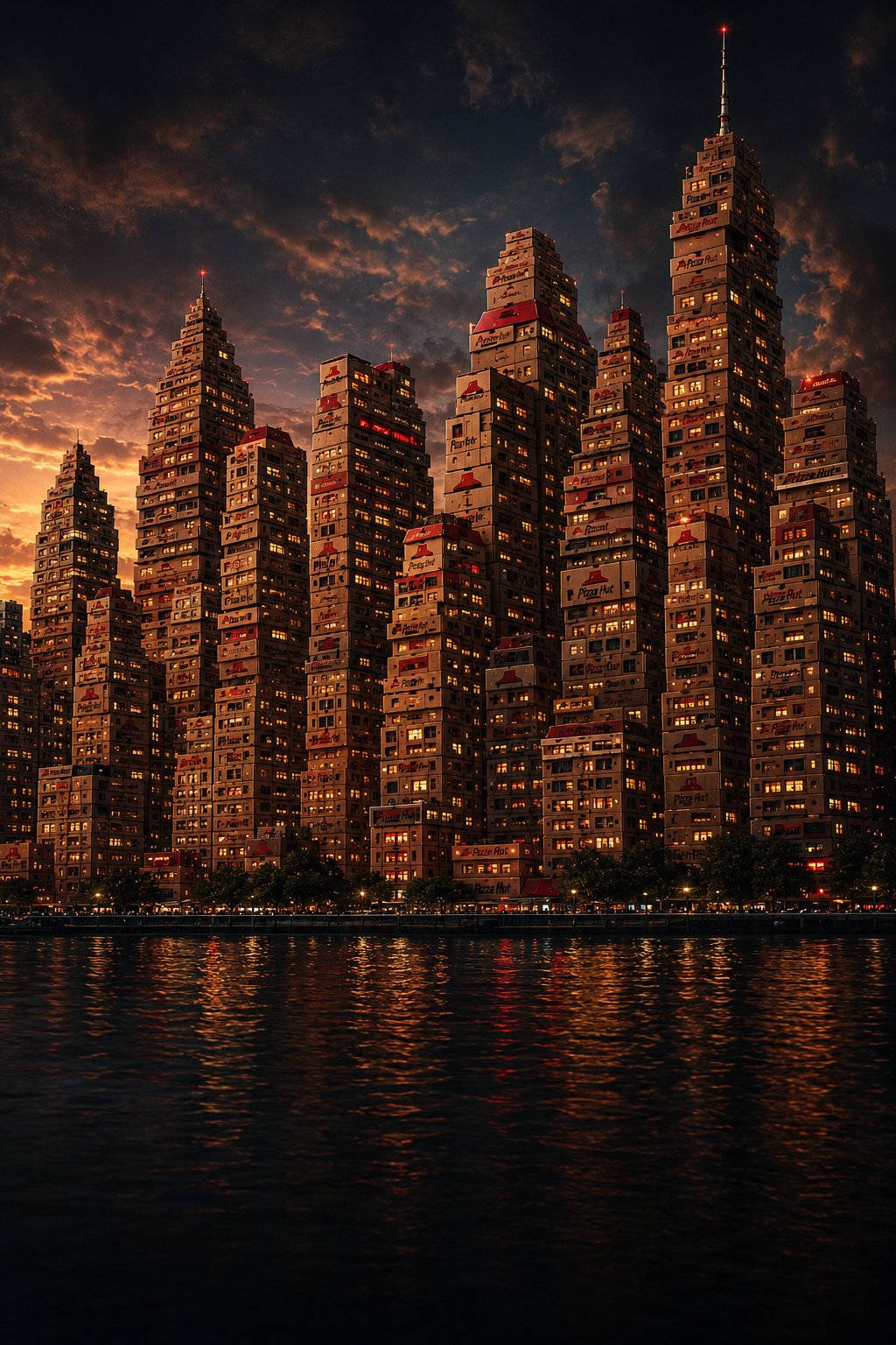 Stage 03 — a full skyline of pizza-box towers, but too dark with blurred branding.