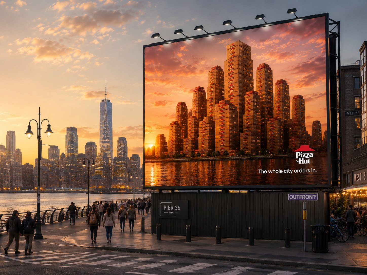 The final Pizza Hut &lsquo;The whole city orders in&rsquo; poster running as a large billboard at Pier 36, NYC, at sunset with commuters walking past.