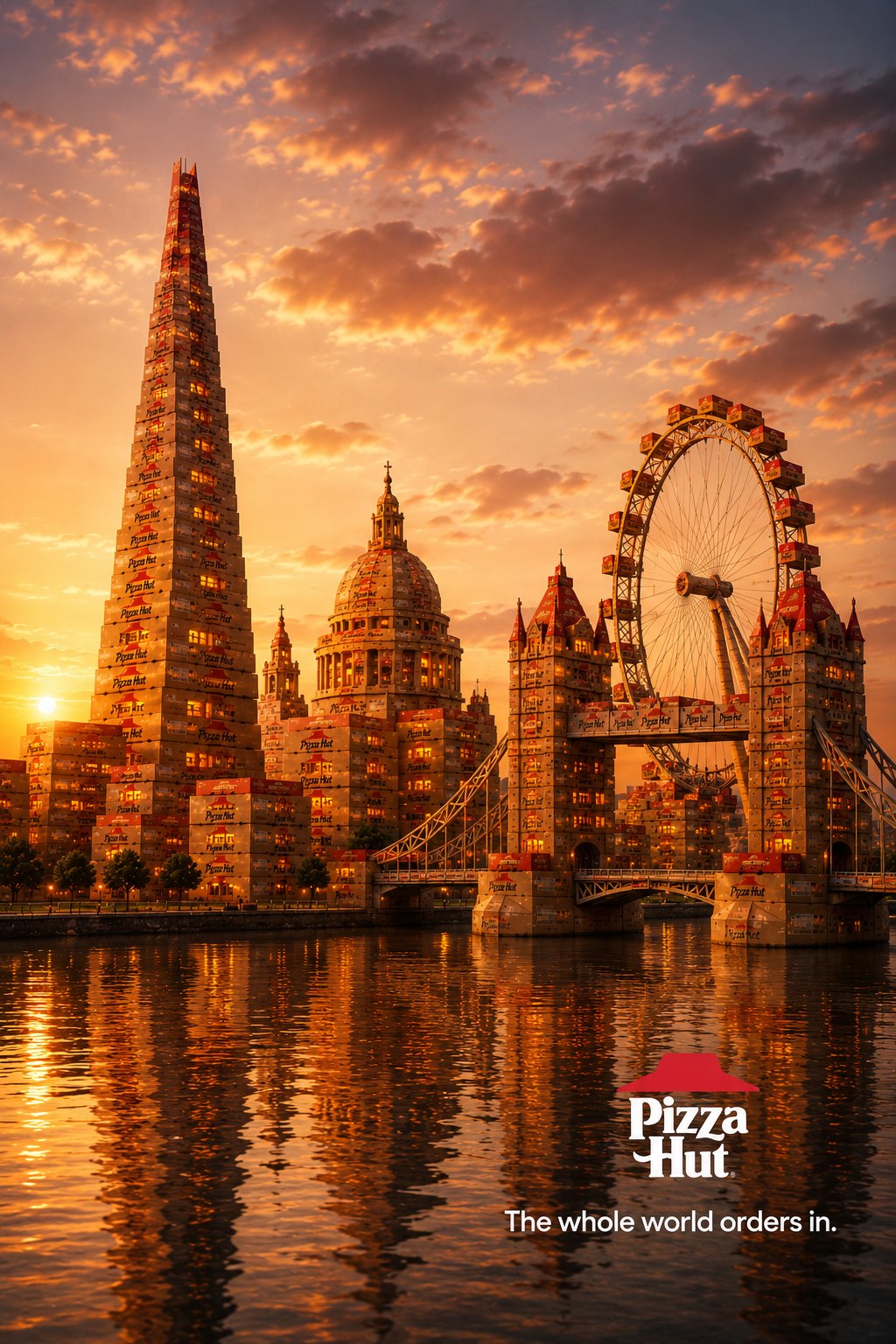 A London skyline &mdash; the Shard, St Paul&rsquo;s, Tower Bridge and the London Eye &mdash; built entirely from stacked Pizza Hut boxes at sunset, captioned &lsquo;The whole world orders in.&rsquo;