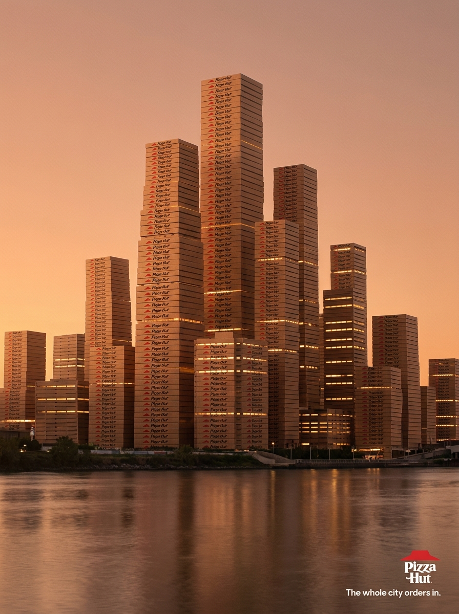 A city skyline at sunset built entirely from stacked Pizza Hut delivery boxes, reflected in water, with the Pizza Hut logo and the line 'The whole city orders in.'