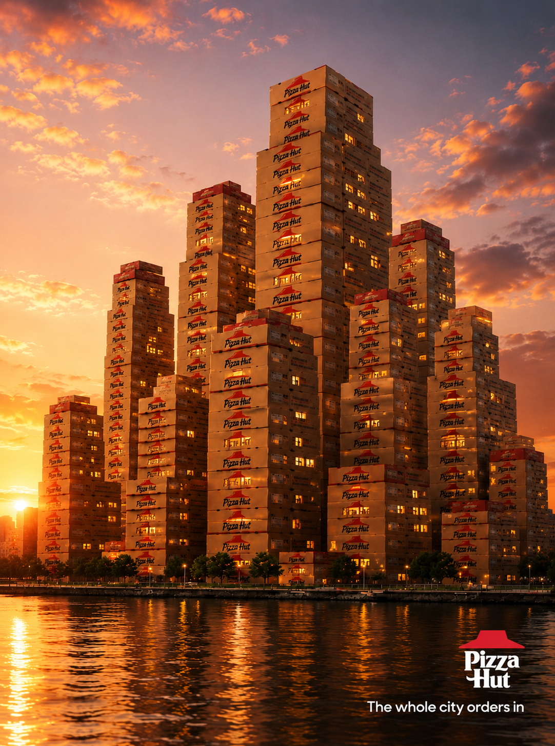 A skyline at golden hour built entirely from stacked Pizza Hut delivery boxes with glowing windows.