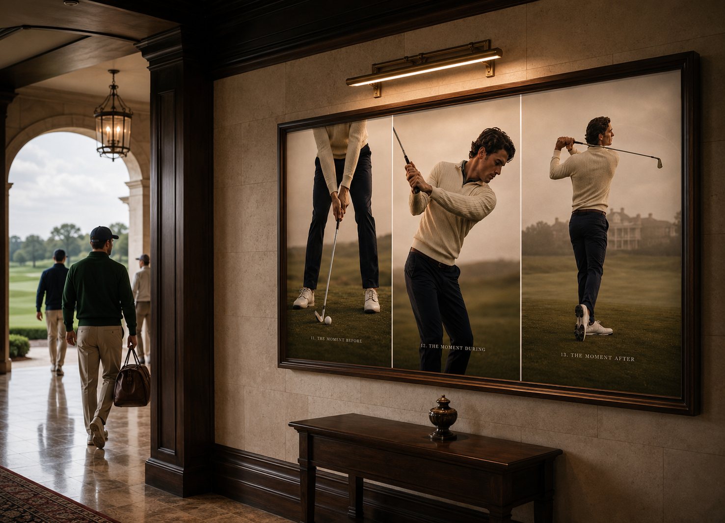 Illuminated swing-sequence wall inside a heritage golf clubhouse.