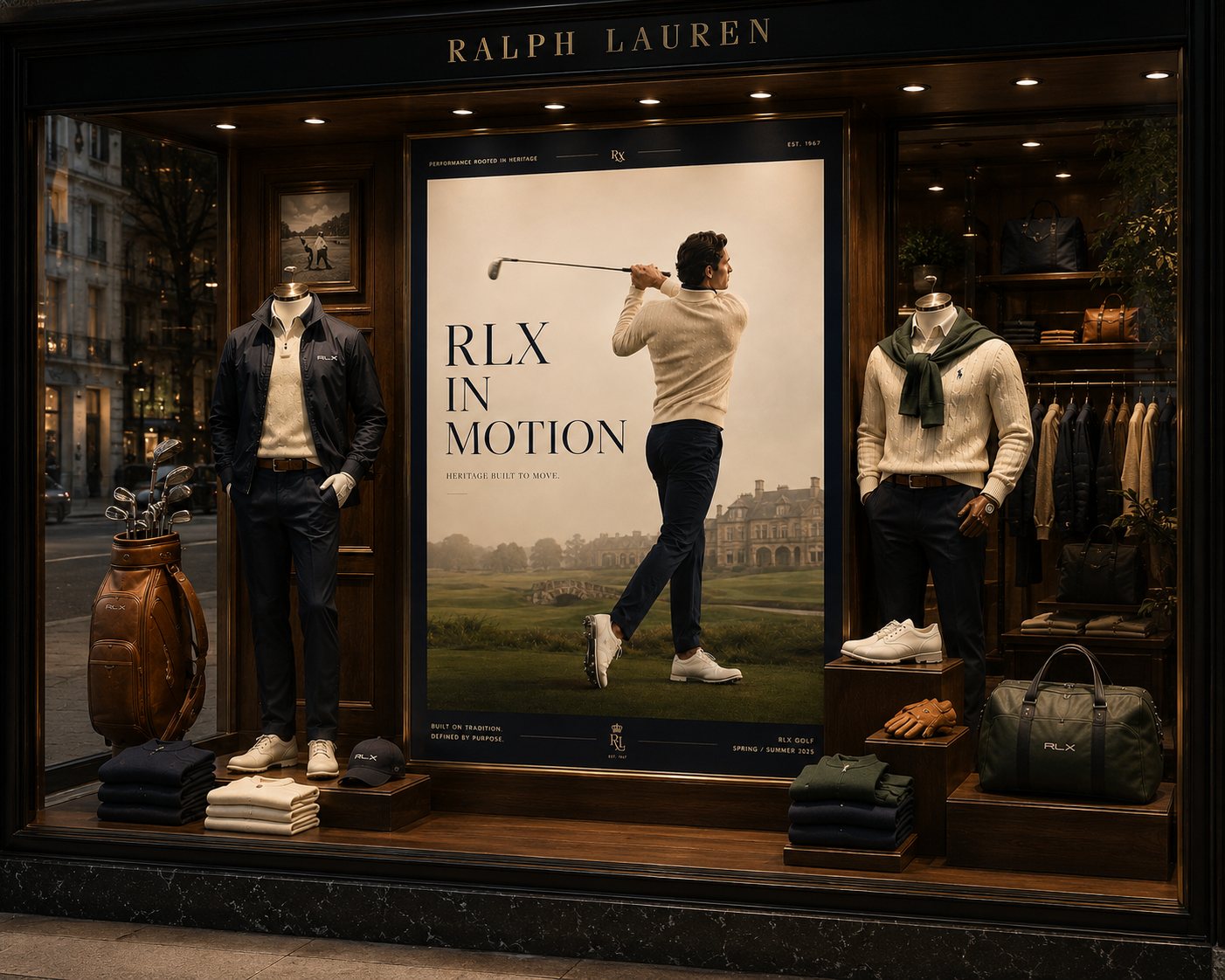 Ralph Lauren flagship window with a large abstract RLX In Motion campaign visual.