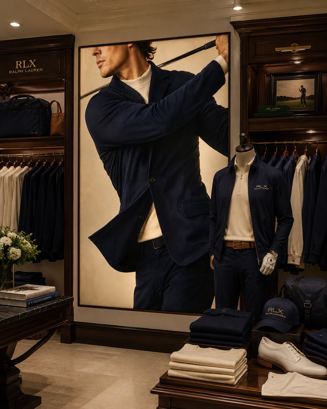 In-store vertical beside the RLX apparel rail showing performance tailoring.