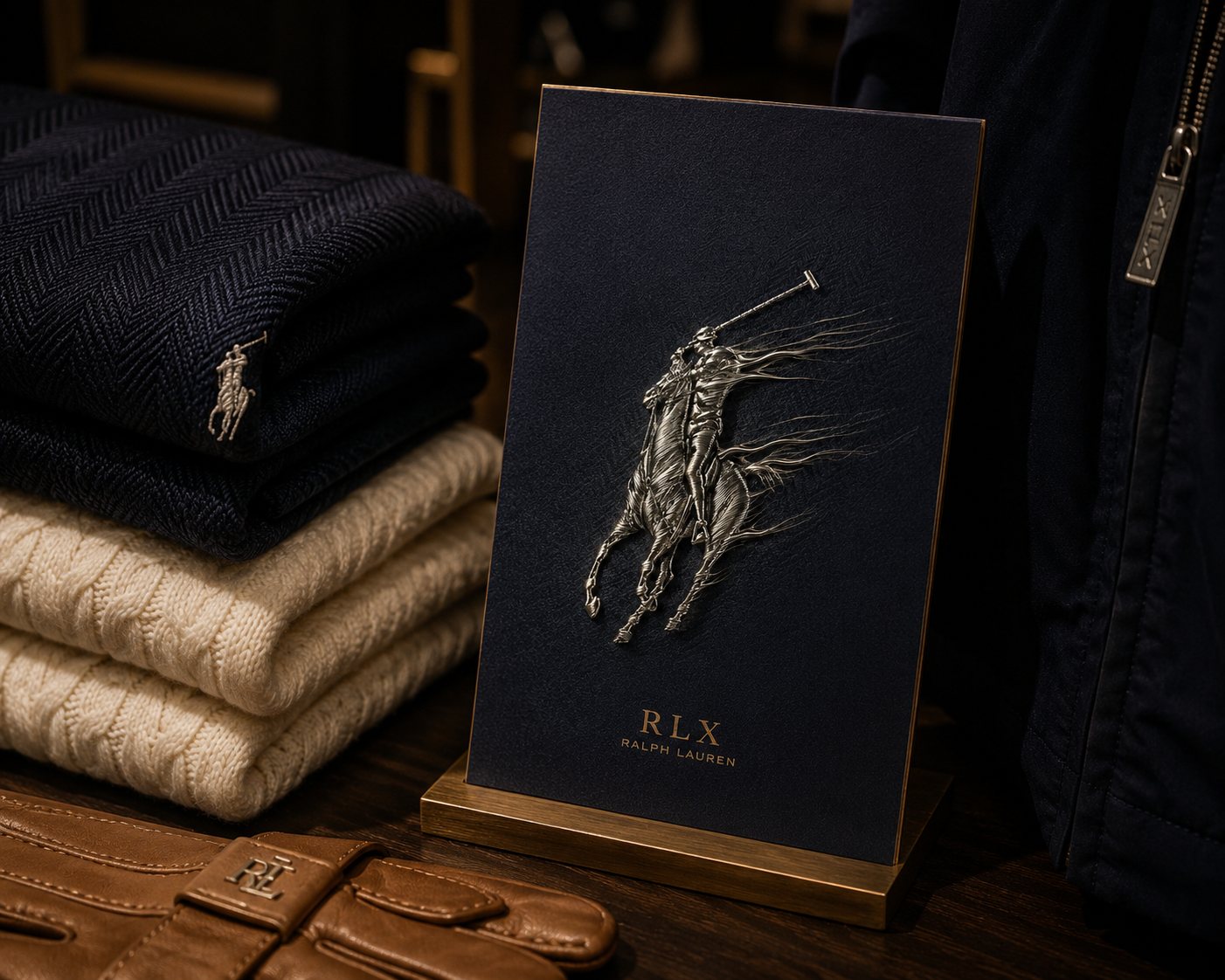 Point-of-sale card with the liquid-metal polo pony, close on fabric and embroidery.