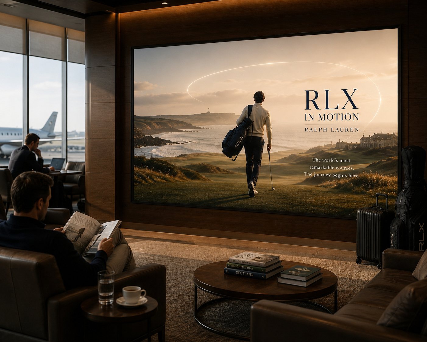 Airport lounge screen showing an old-money golf landscape lifestyle visual.