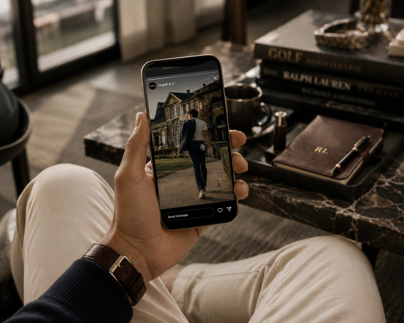 Instagram carousel lifestyle frames of RLX beyond the swing, around the clubhouse.