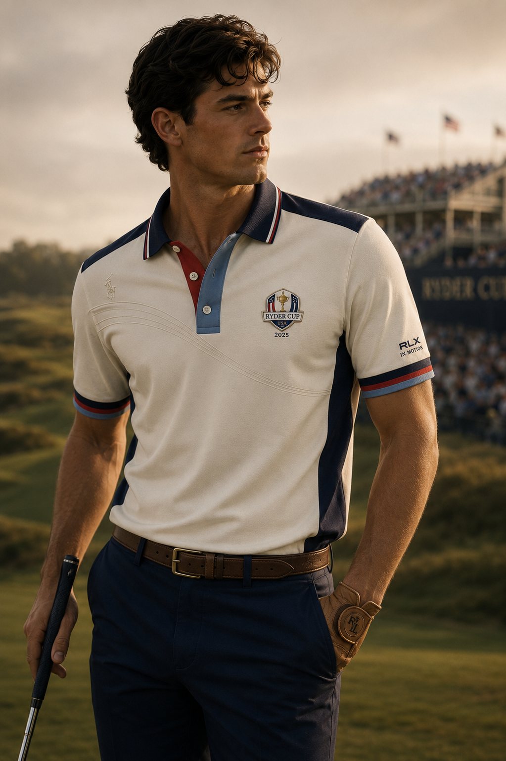 US Ryder Cup RLX polo in cream, red and blue with swing-arc stitching.