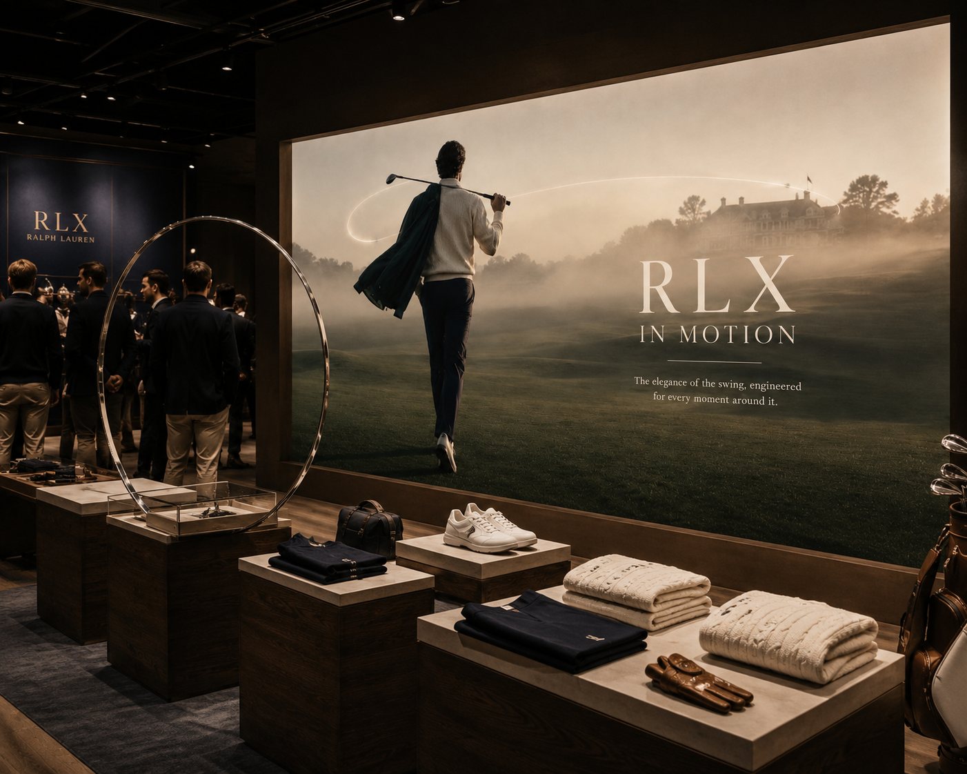 Pop-up launch space with a chrome swing-arc sculpture and cinematic closing visual.