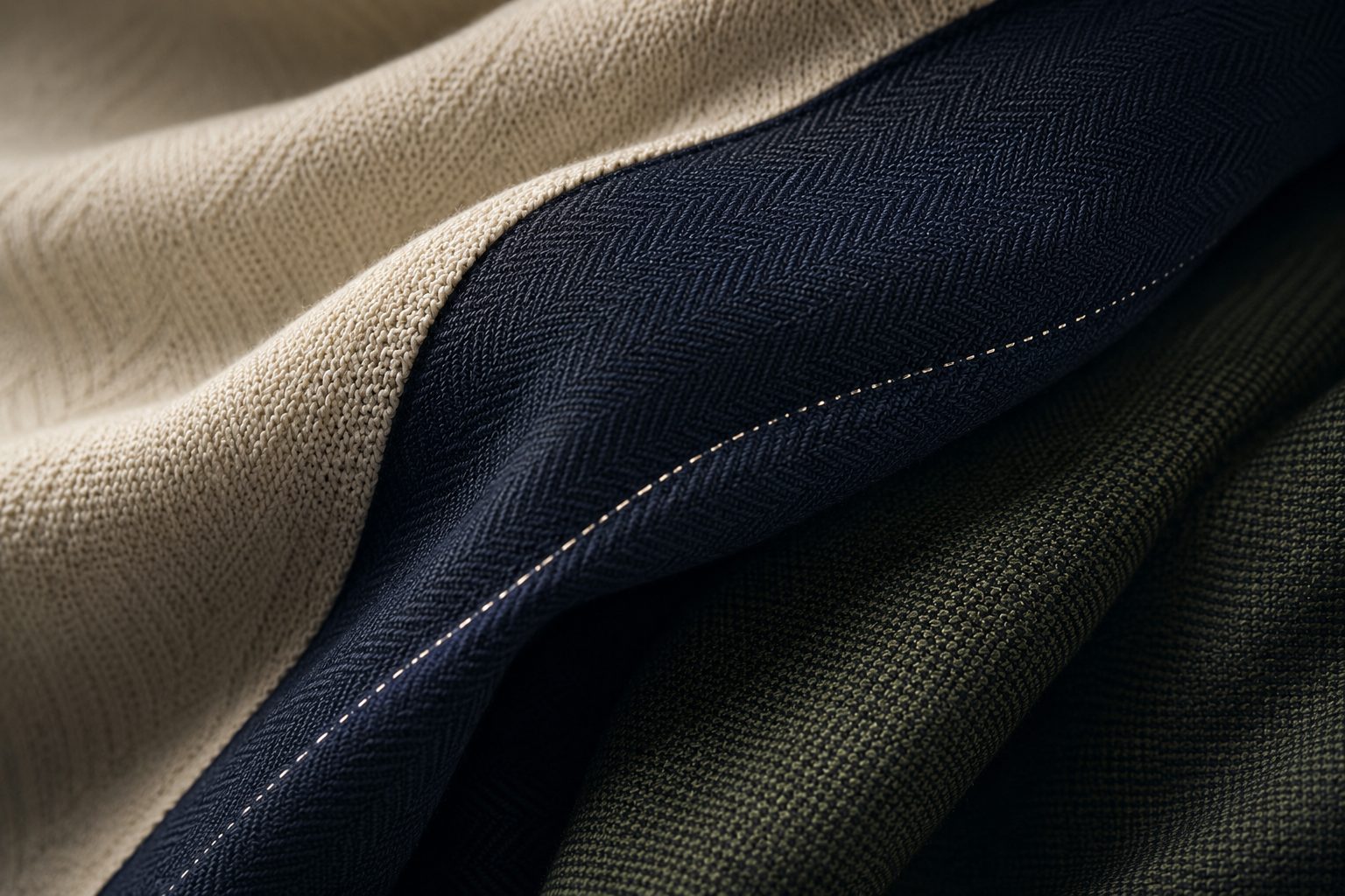 Macro of cream, navy herringbone and hunter-green fabric mid-fold, a fine mercury thread catching the light along the seam.