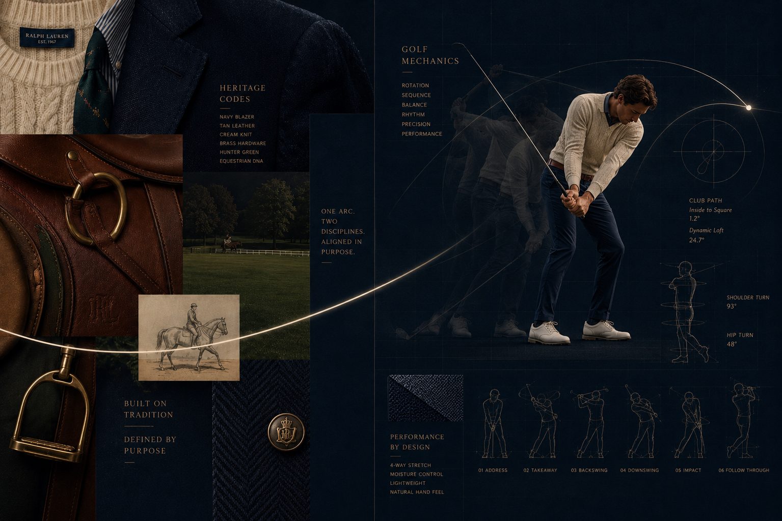The final campaign board — heritage codes, the equestrian mark, golf mechanics diagrams, and the swing arc drawn across the whole composition.