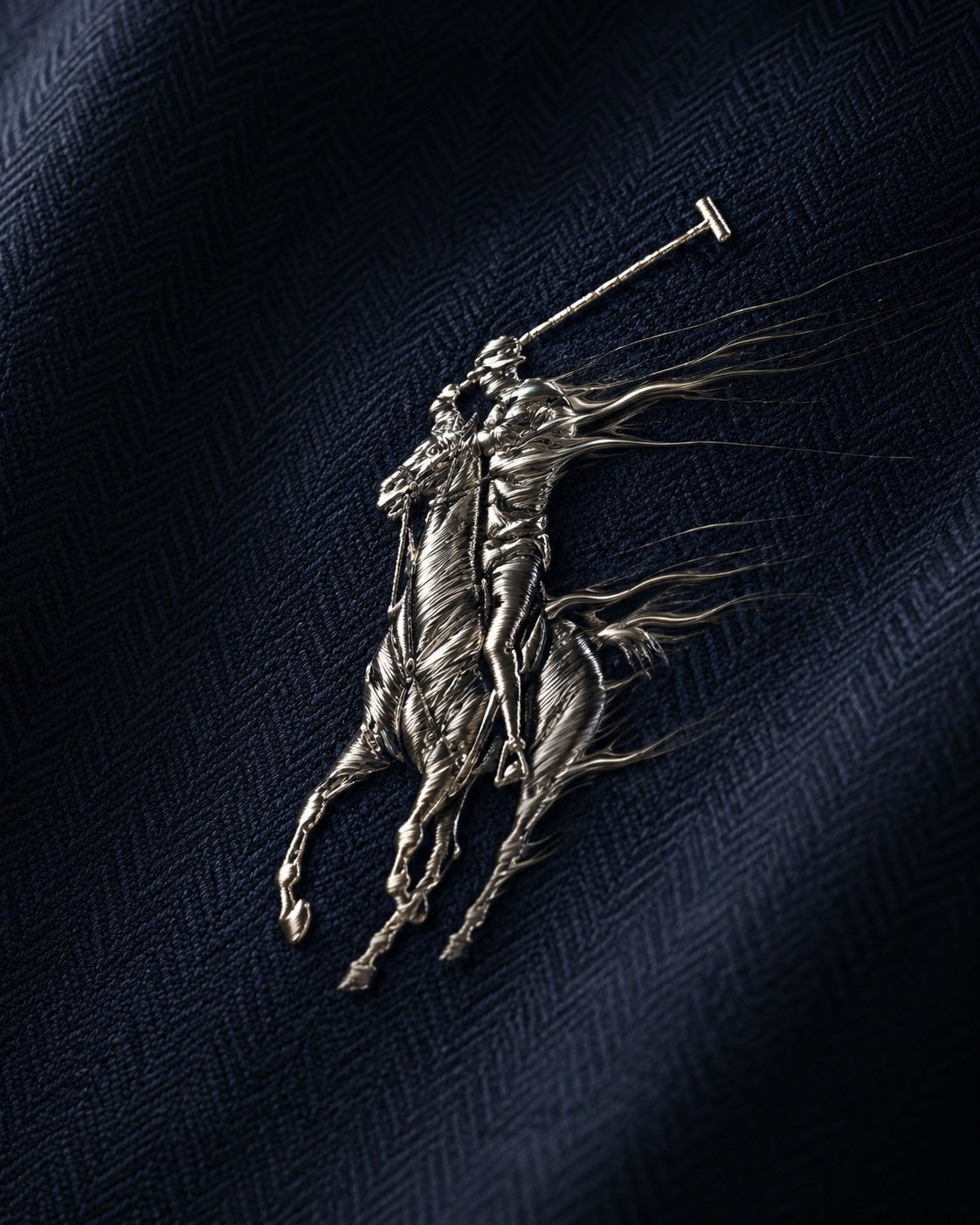 Macro of the polo pony emblem rendered in liquid metal on navy herringbone, its edges pulled into fine motion trails.