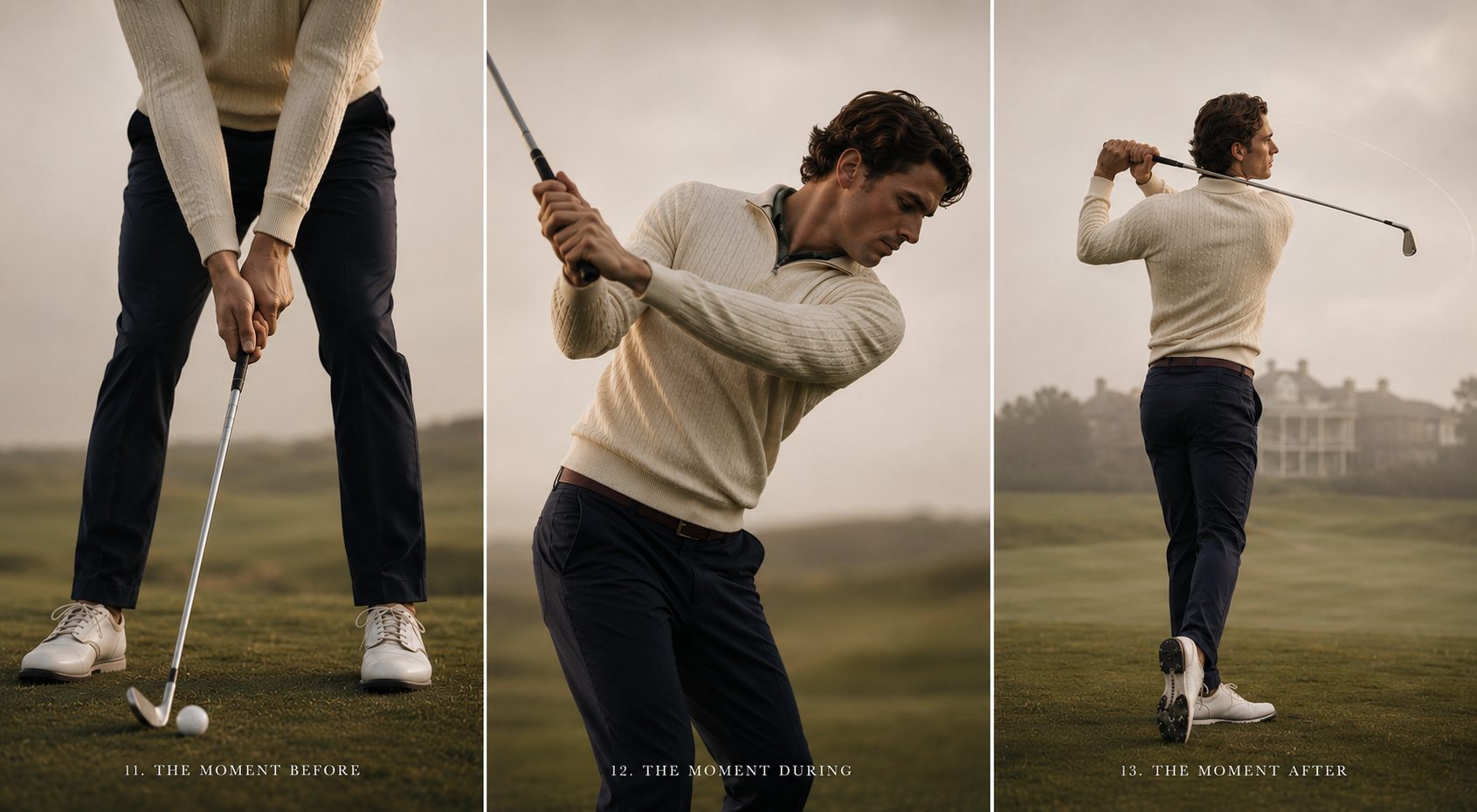 Hero photography triptych — the moment before, the moment during, and the moment after the swing.