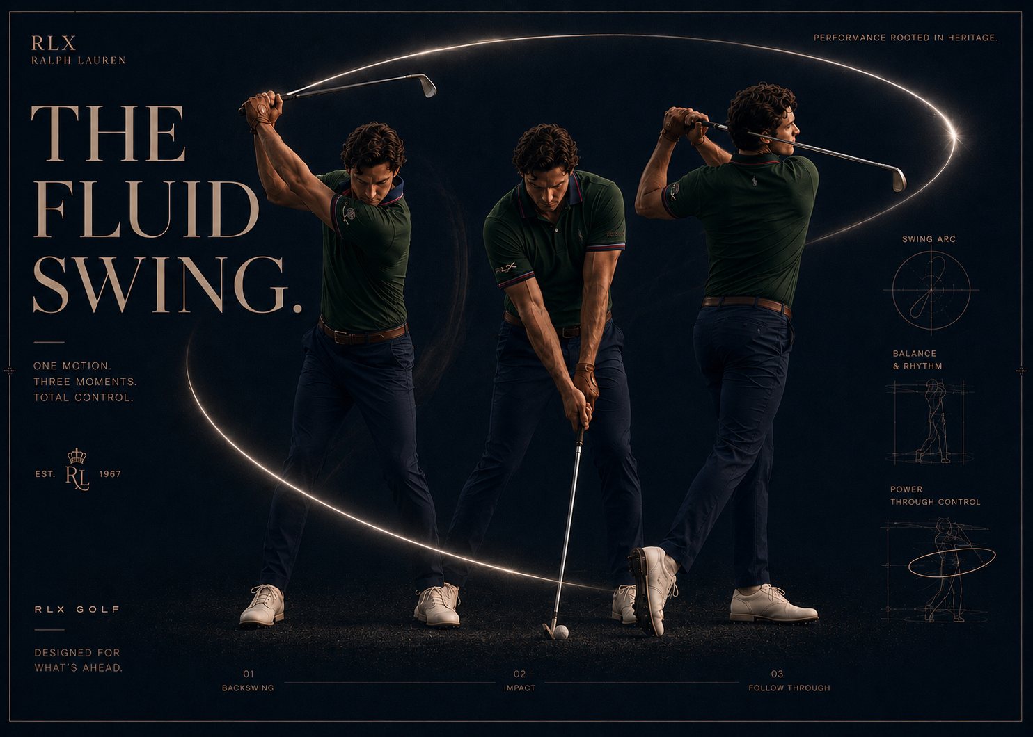 Motion-study poster — The Fluid Swing, the golf swing shown as a sequence of controlled frames on navy, tracing the continuous swing arc.