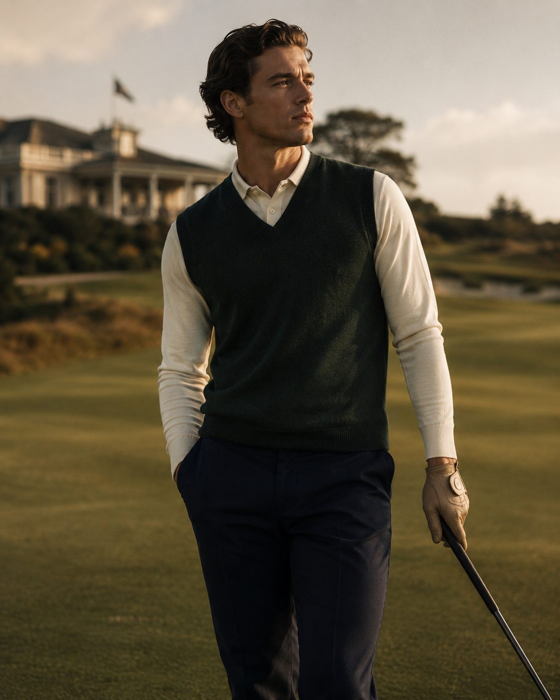RLX golfer in a hunter-green vest and cream sweater on a misty links course at golden hour, a heritage clubhouse behind.