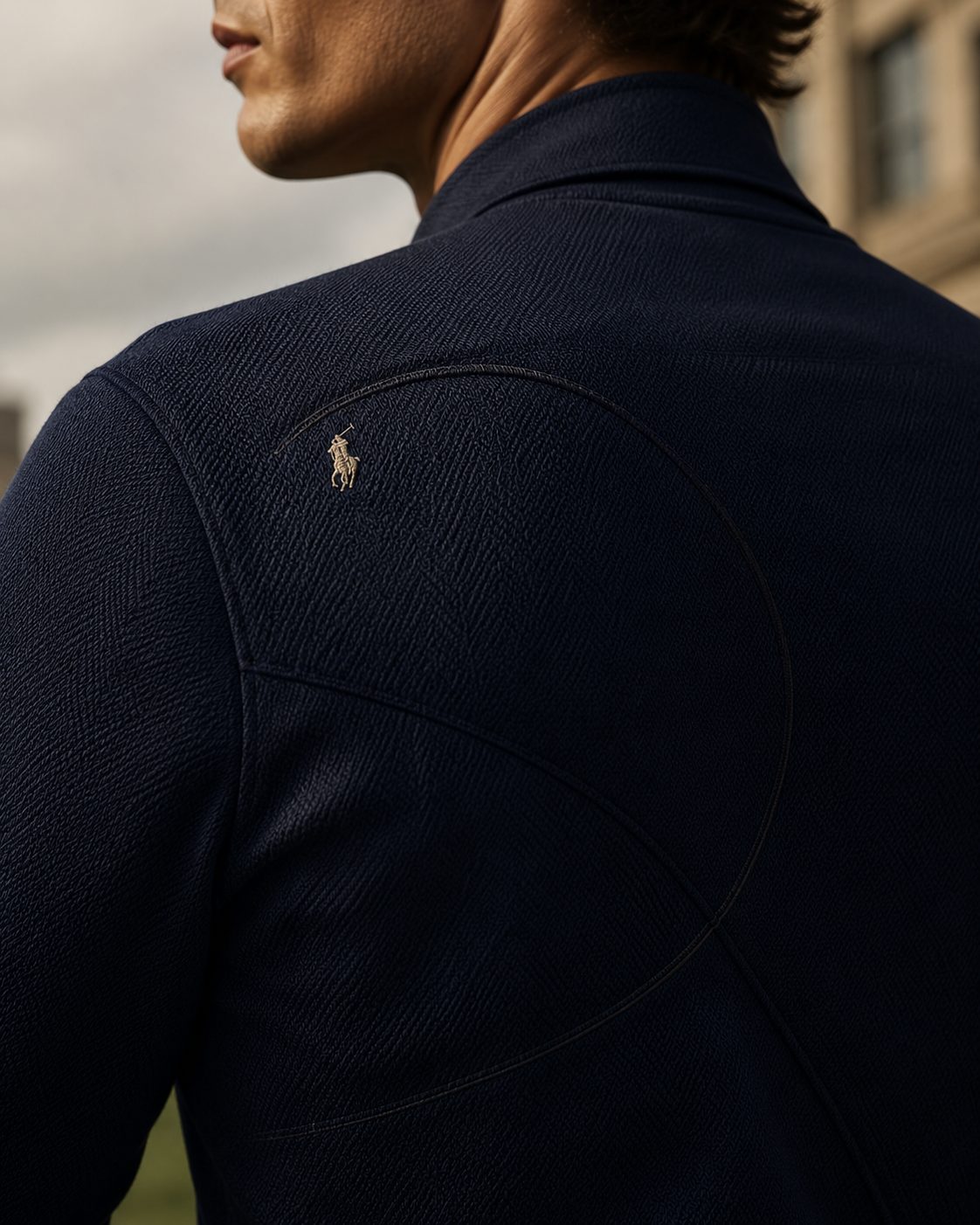 Editorial close-up of a navy performance jacket back, the polo pony above a negative-space swing arc worked into the paneling.
