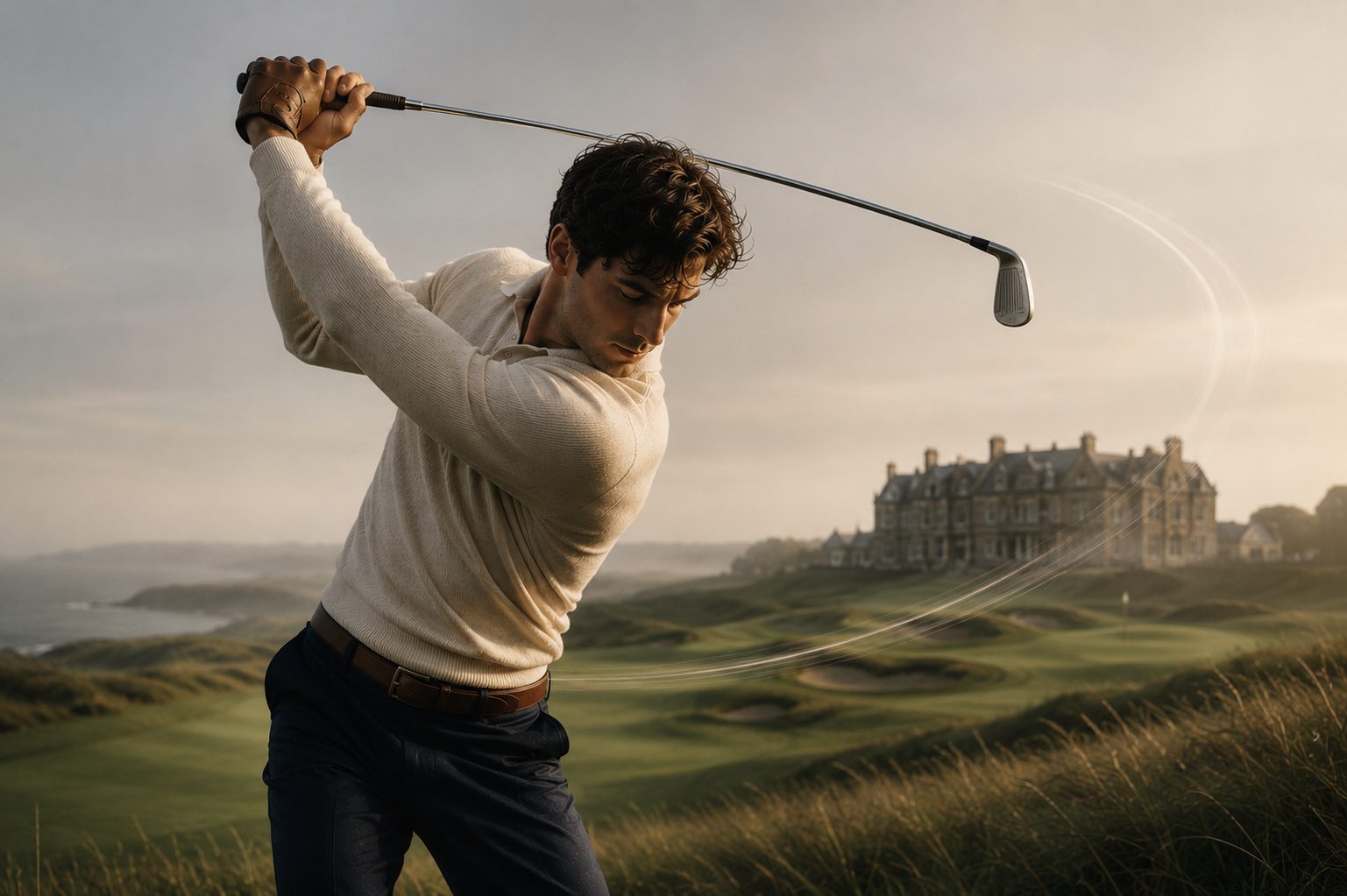 A golfer captured mid follow-through on a misty links course, a glowing arc tracing the swing, a heritage clubhouse behind.