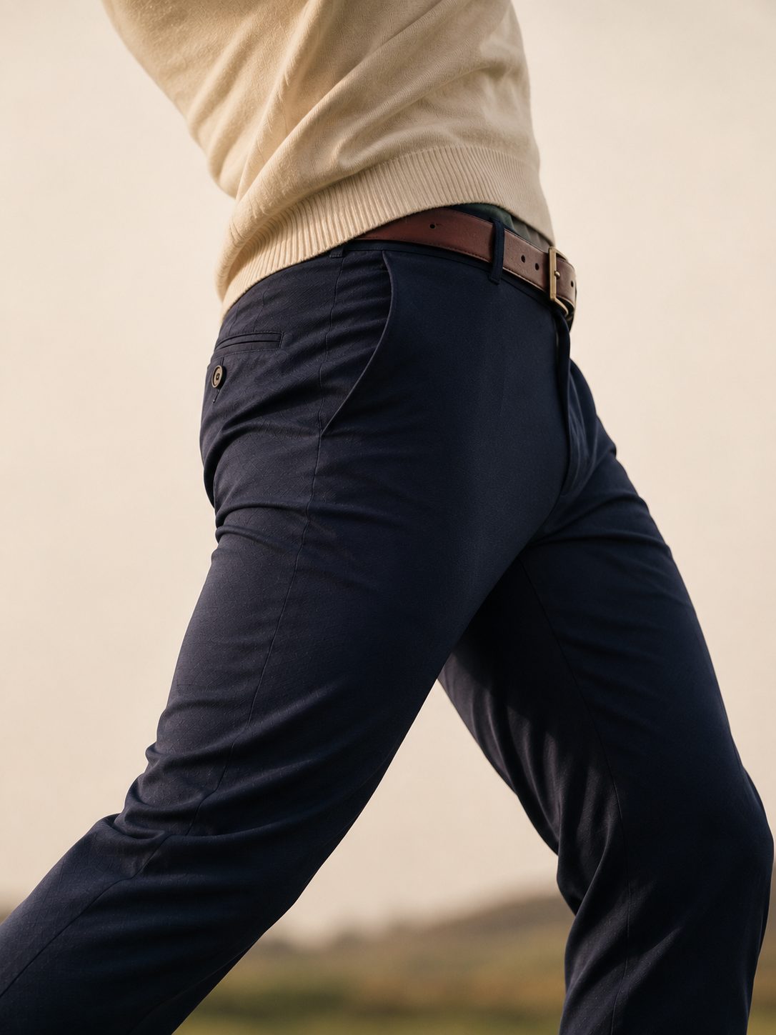 Product proof — tailored navy trousers mid-stride, showing cut and movement.
