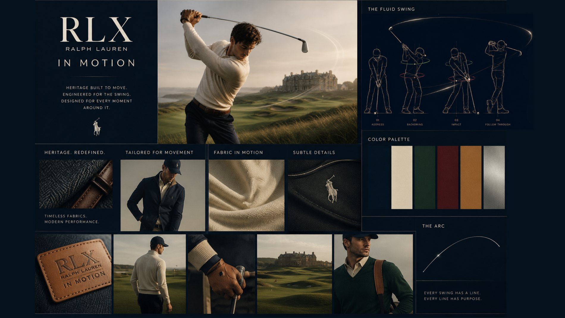 The RLX In Motion strategic brand vision board — hero swing photography, the fluid-swing motion study, colour palette, product and fabric details, and the Swing Arc.