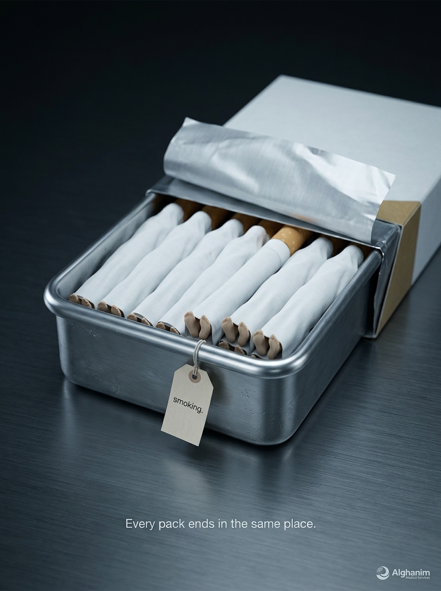 An open cigarette pack whose cigarettes are arranged like bodies in a morgue drawer, with a small toe-tag reading 'smoking' and the line 'Every pack ends in the same place.'